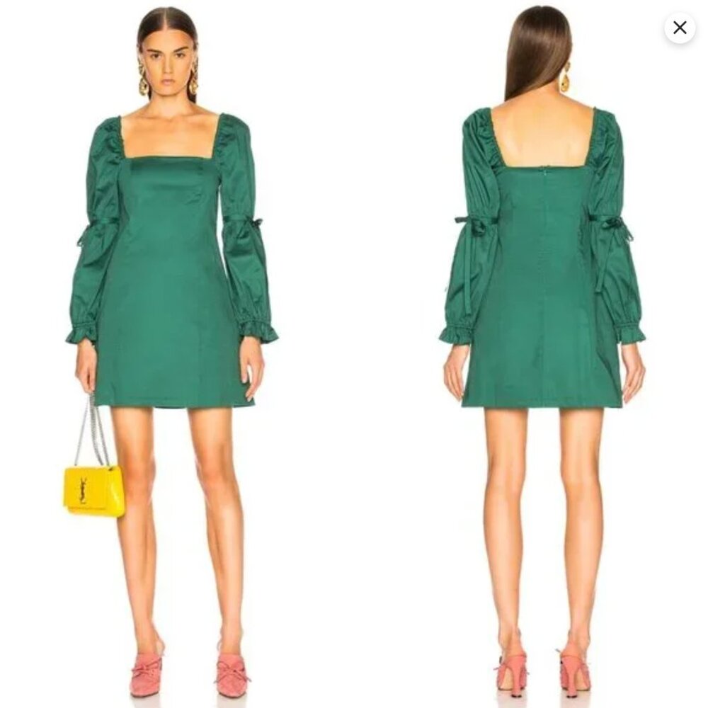 Staud Tai Dress Emerald Green Long Sleeve Mini Square Neck Cotton